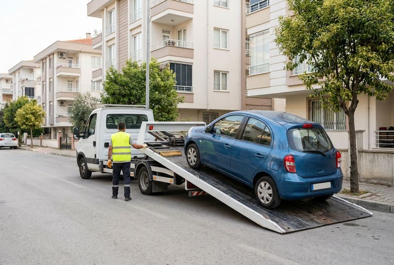 Apartmanlar arasındaki bir sokakta, reflektörlü yelek giymiş bir görevlinin mavi bir otomobili kayar kasa çekicinin rampasına yüklemesi